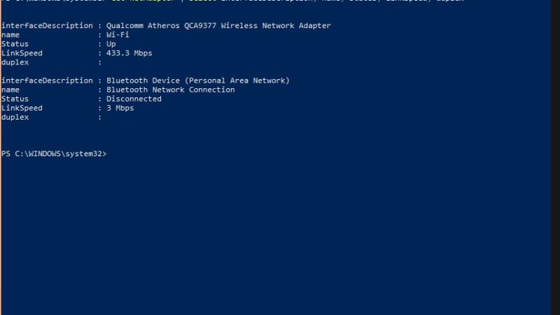 Windows PowerShell window listing a Wi-Fi adapter's link speed and status
