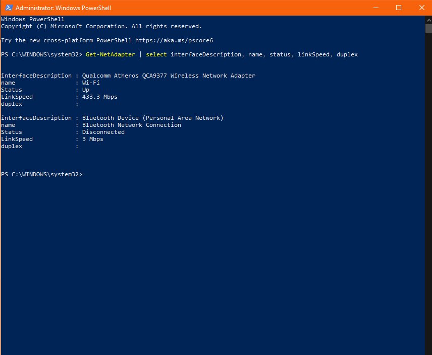 Windows PowerShell window listing a Wi-Fi adapter's link speed and status