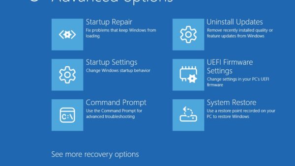 Windows Recovery Environment Advanced options screen with Uninstall Updates tile
