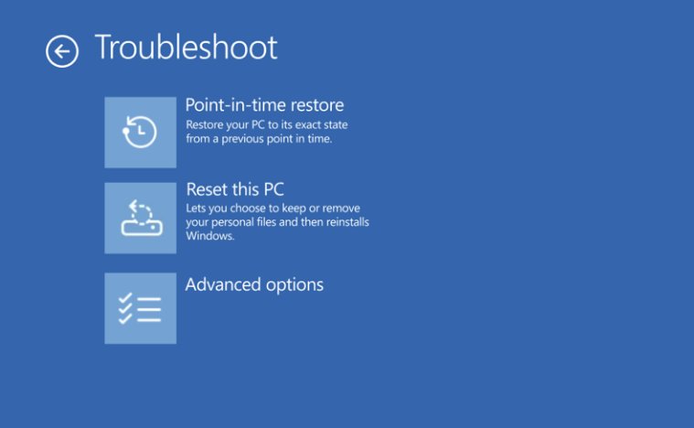 Windows Recovery Environment Troubleshoot menu with Point-in-time restore option