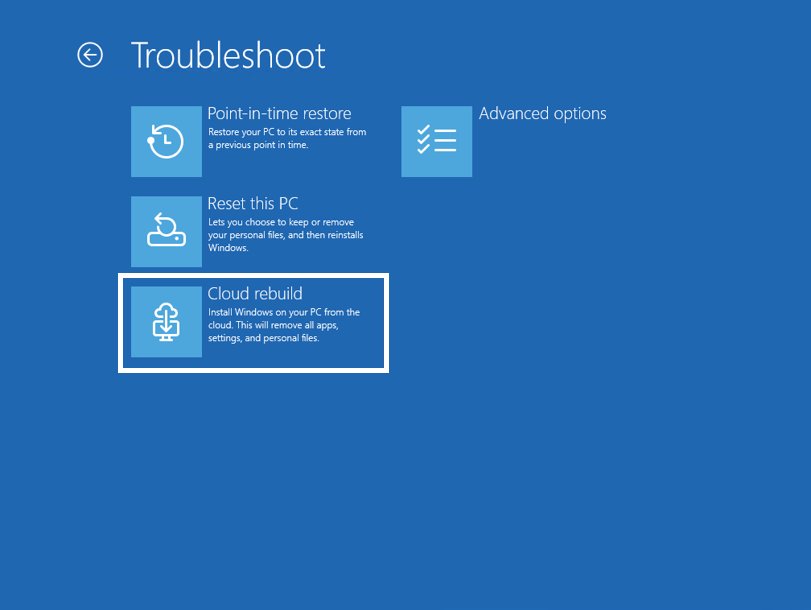 Windows Recovery Environment Troubleshoot screen with the Cloud rebuild tile highlighted