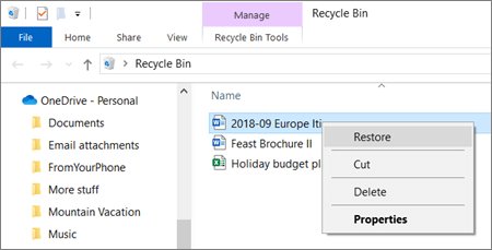 Windows Recycle Bin with right-click Restore option on a file