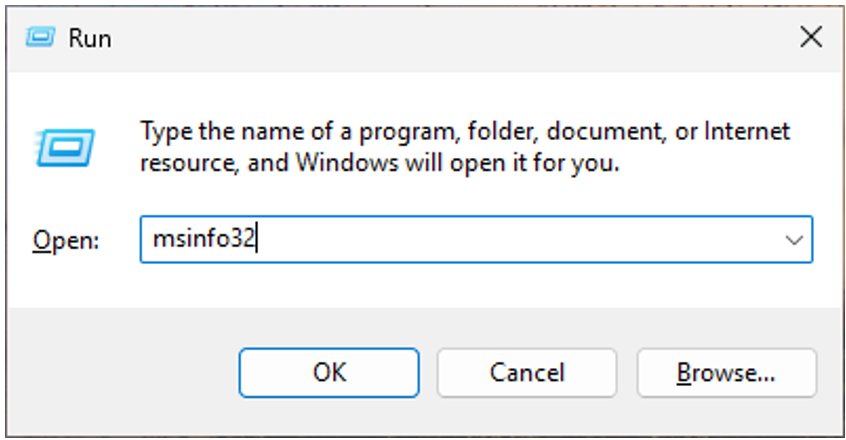 Windows Run dialog box with msinfo32 typed in the Open field