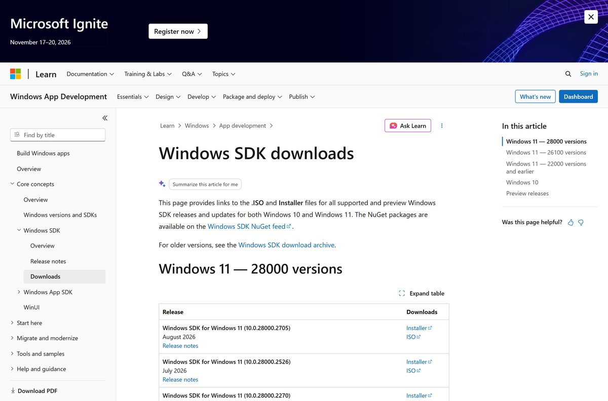 Windows SDK downloads page listing installer and ISO links per build