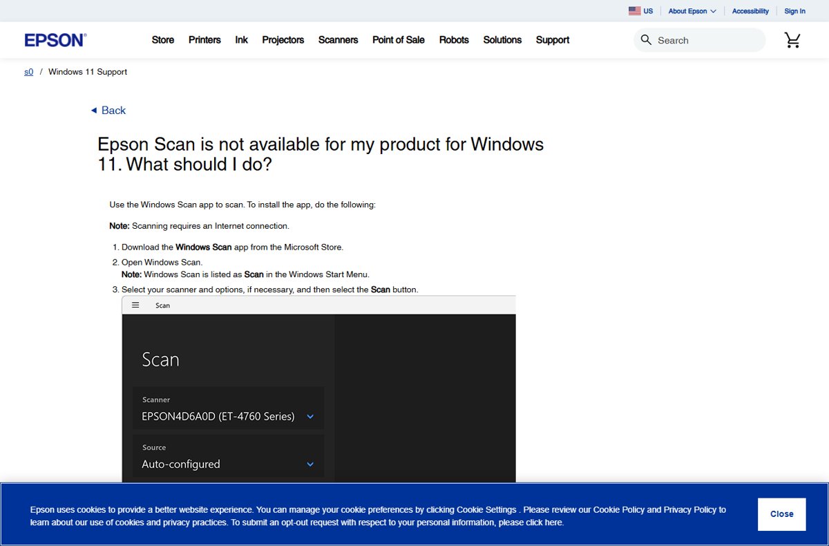 Windows Scan app window listing an Epson ET-4760 scanner