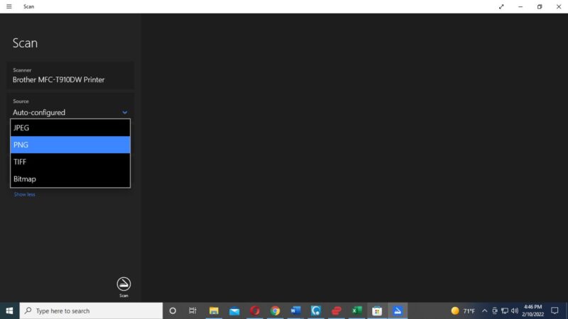 Windows Scan window with the File type drop-down open listing four formats