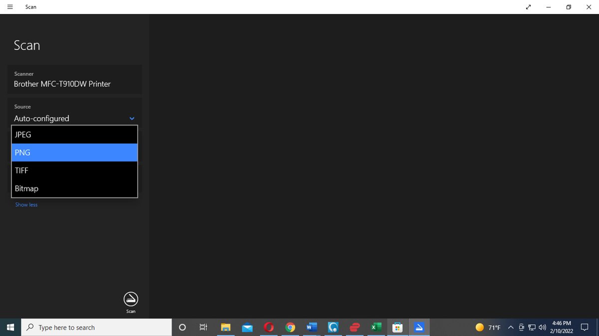 Windows Scan window with the File type drop-down open listing four formats