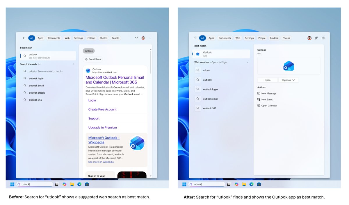 Windows Search before and after, with a misspelled app name now finding the app
