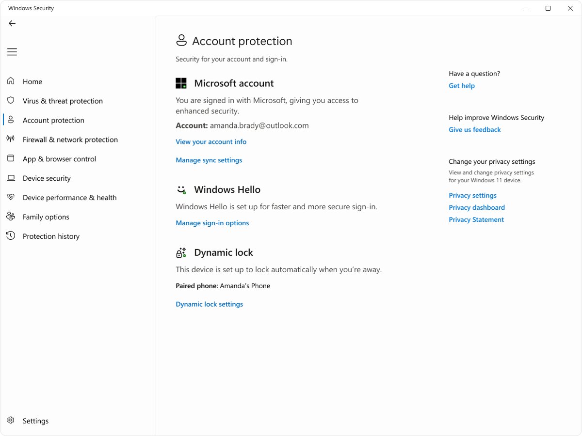 Windows Security Account protection page listing Windows Hello and Dynamic lock