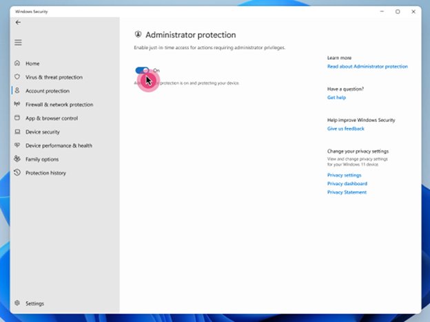 Windows Security Account protection page with the Administrator protection toggle switched on