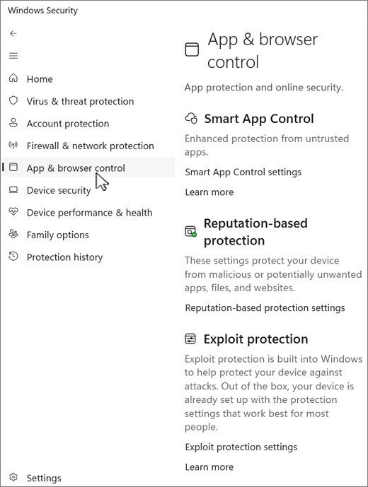 Windows Security App & browser control page listing Reputation-based protection