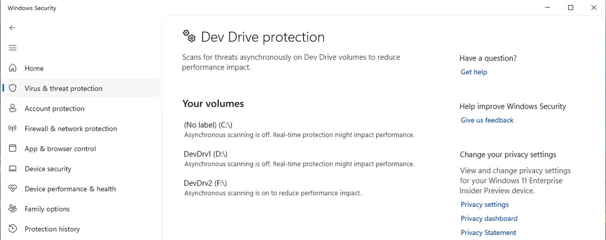 Windows Security Dev Drive protection page listing drive volumes