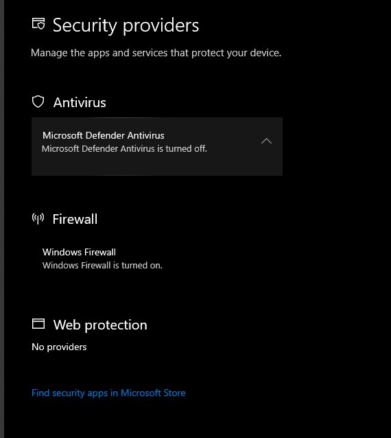 Windows Security Manage providers page listing antivirus, firewall and web protection
