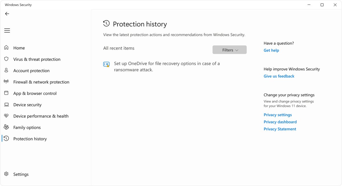 Windows Security Protection history page with All recent items filter