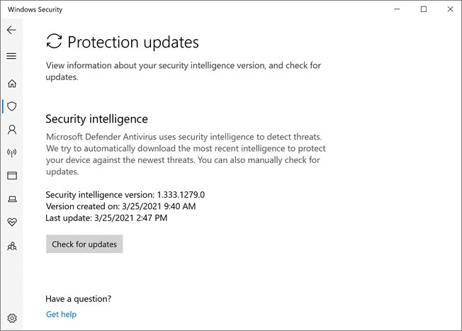 Windows Security Protection updates screen with a Check for updates button
