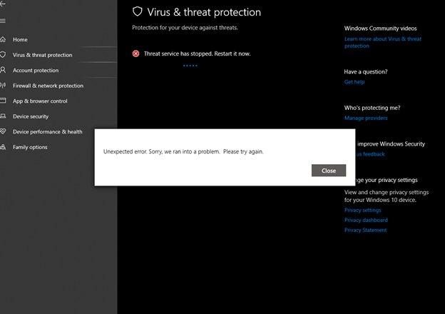 Windows Security error dialog reading Unexpected error, sorry we ran into a problem