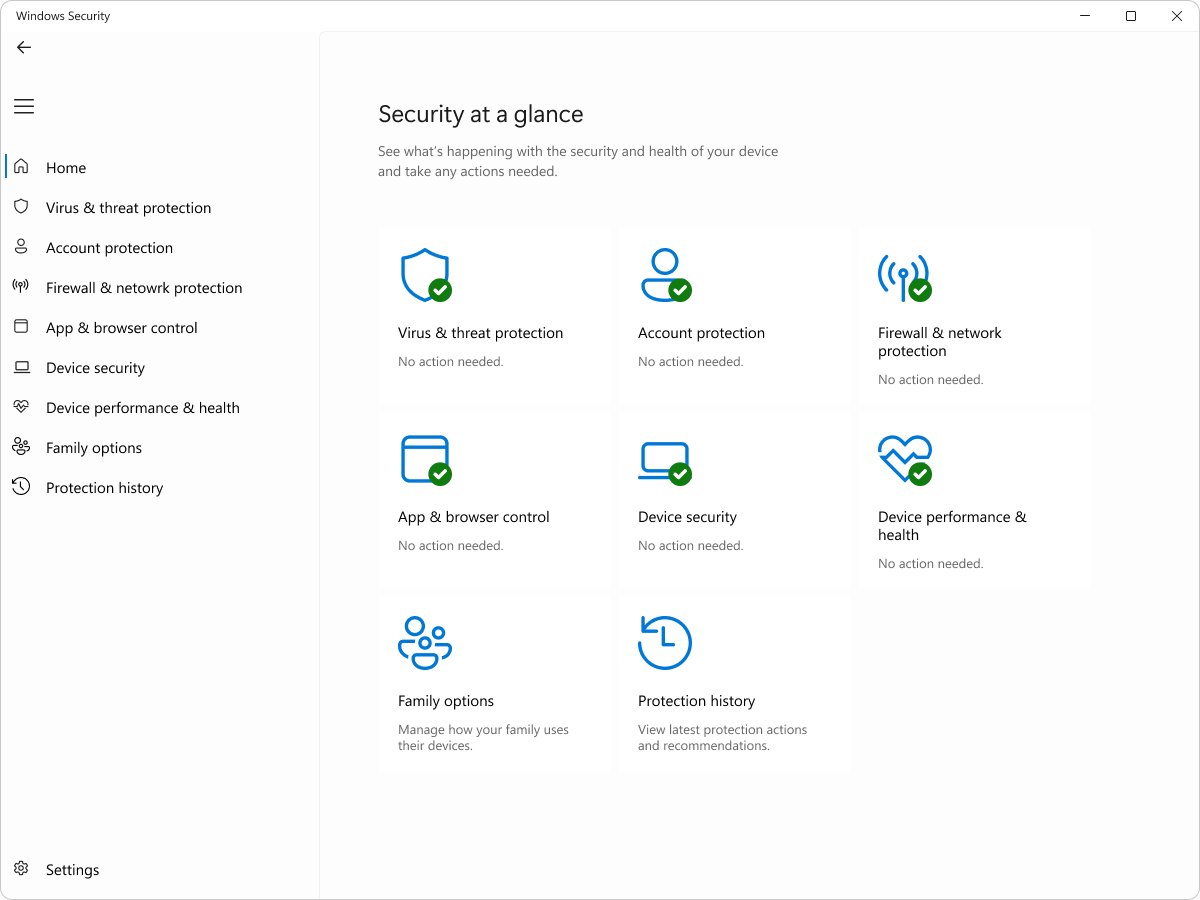 Windows Security home screen with green checkmarks on every protection category