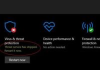Windows Security tile showing Threat service has stopped, Restart it now