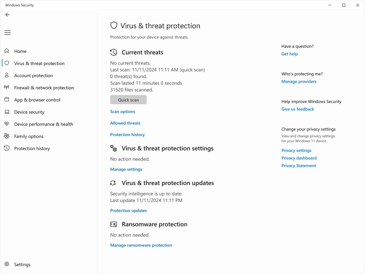 Windows Security virus and threat protection page with Quick scan button