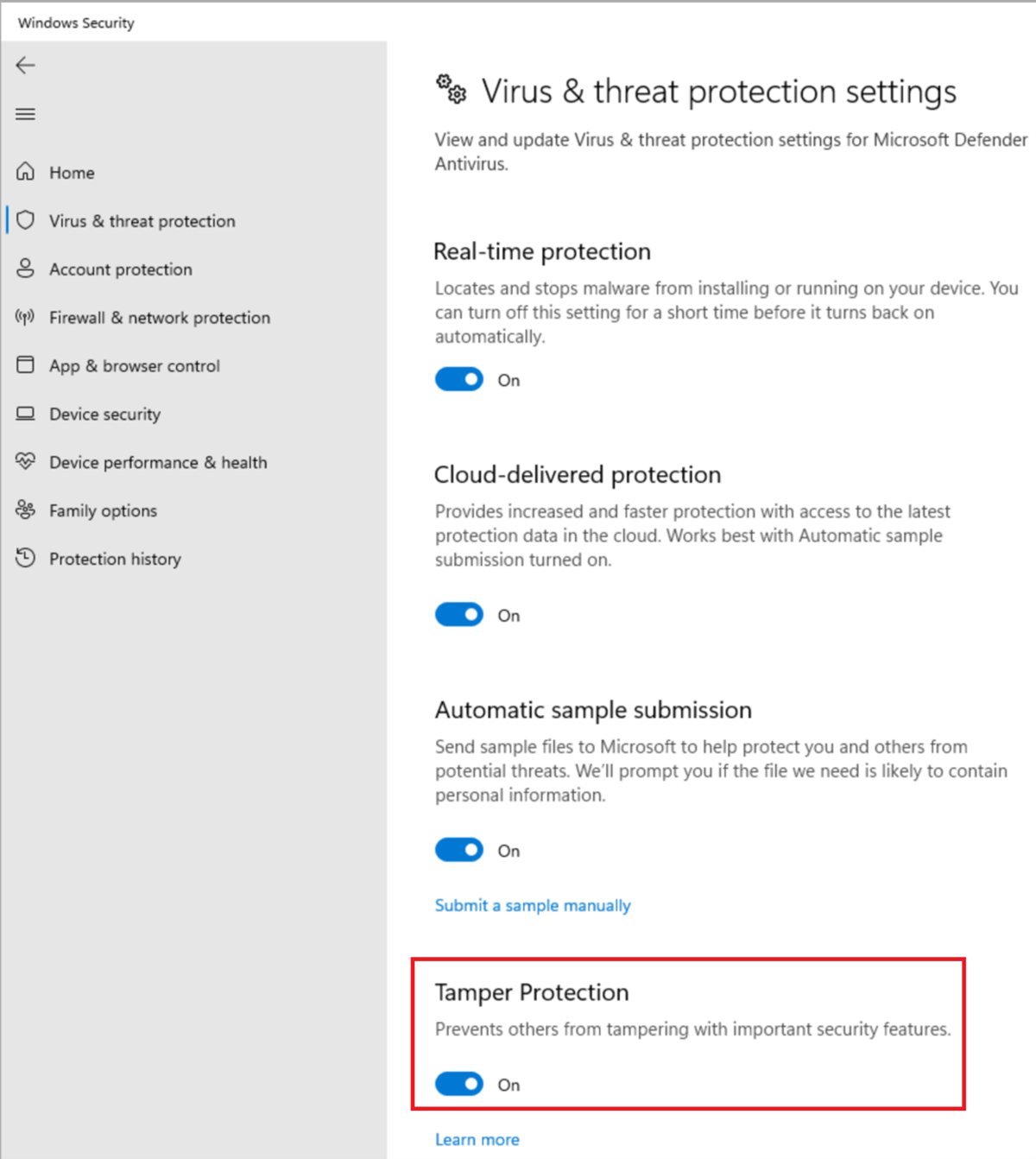 Windows Security virus and threat protection settings with Real-time protection turned on