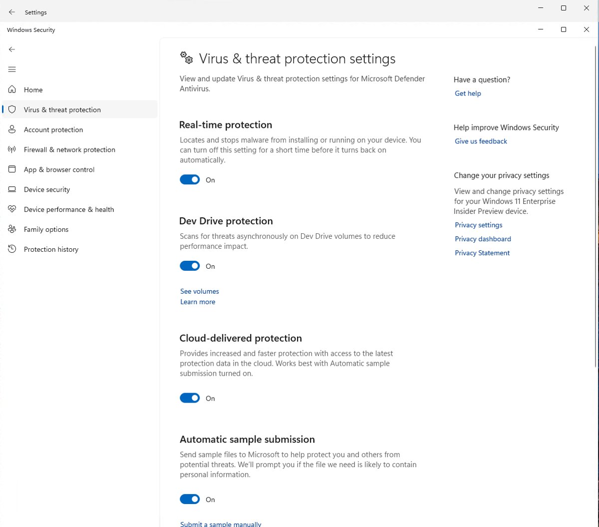 Windows Security virus and threat protection settings with Real-time protection on