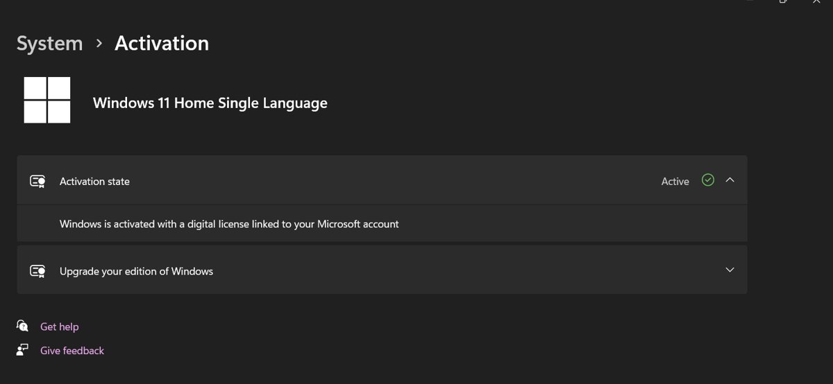 Windows Settings Activation page showing digital license linked to Microsoft account