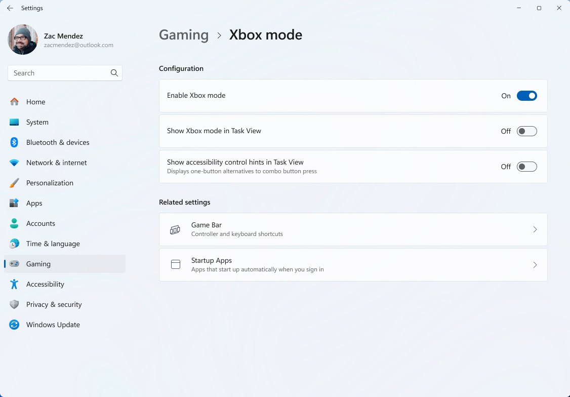 Windows Settings Gaming page with Enable Xbox mode toggled on