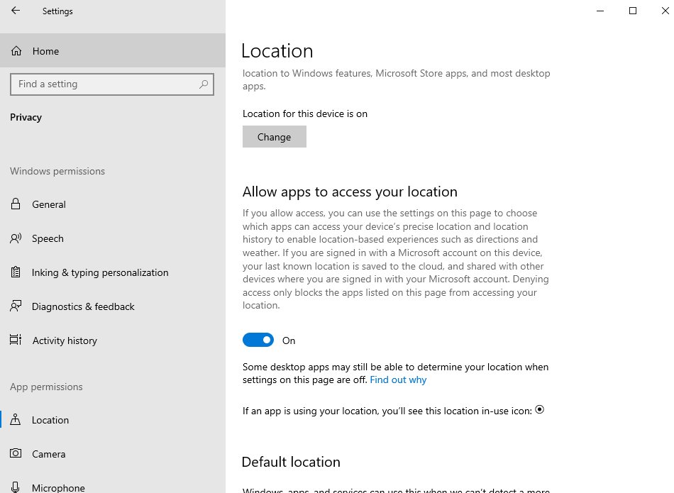 Windows Settings Location page with device location turned on