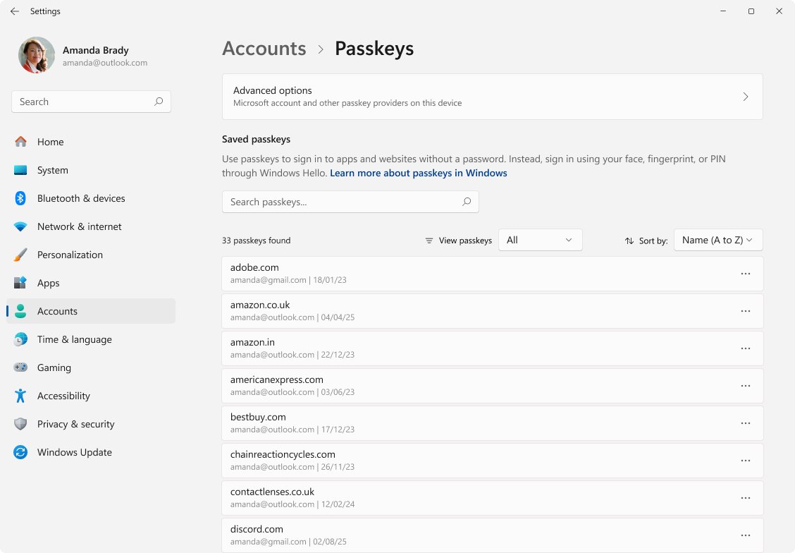 Windows Settings Passkeys page listing saved passkeys with Advanced options link