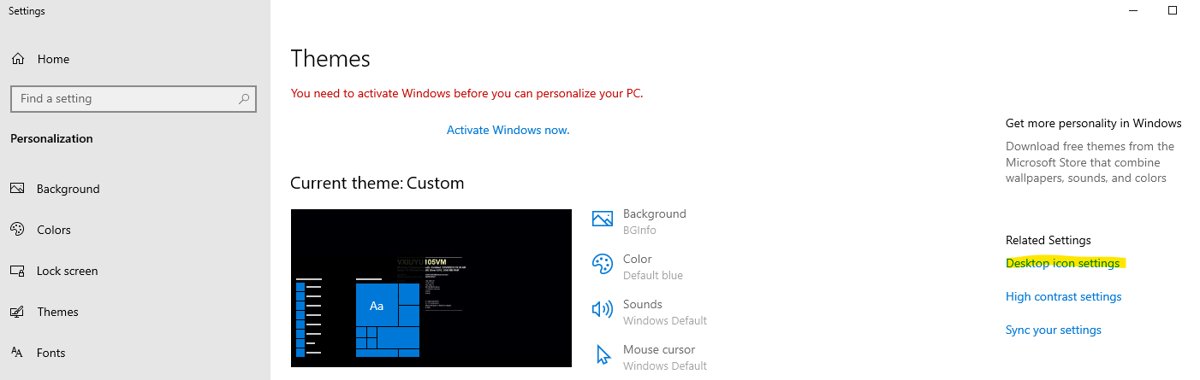 Windows Settings Themes page with Desktop icon settings link highlighted