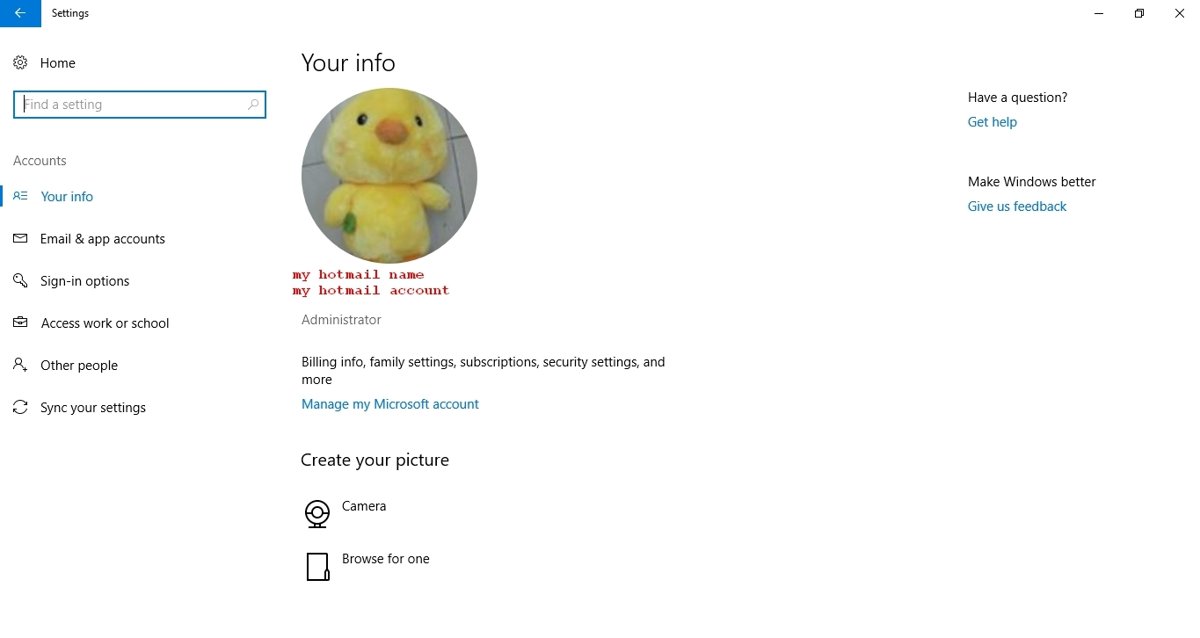 Windows Settings Your info page with Administrator shown under the account