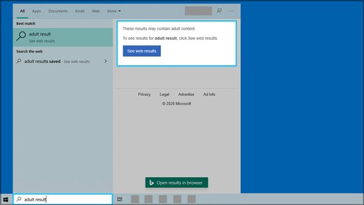 Windows Start search blocking a preview labeled adult content