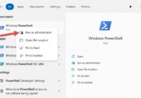 Windows Start search for PowerShell showing the Run as administrator option