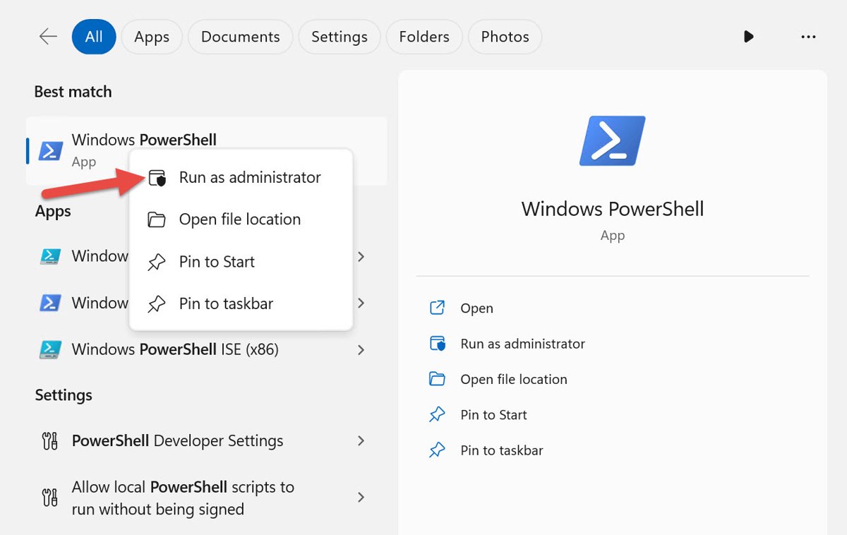 Windows Start search for PowerShell showing the Run as administrator option
