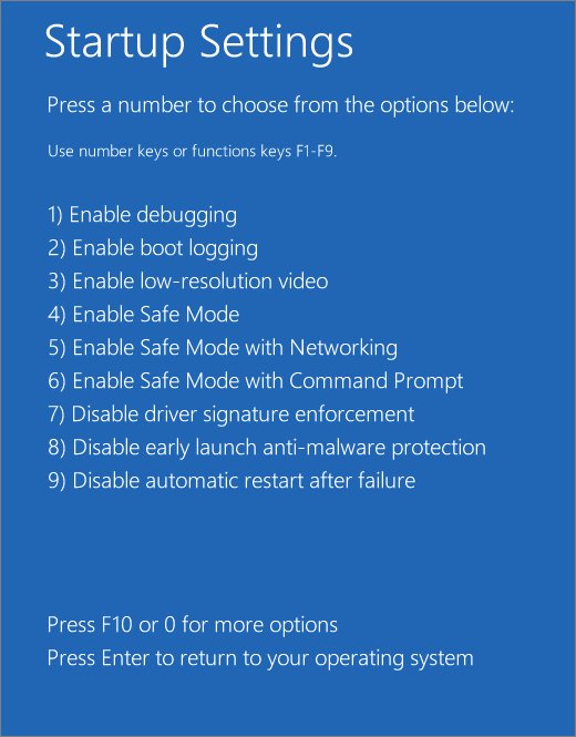 Windows Startup Settings screen listing numbered boot options 1 to 9