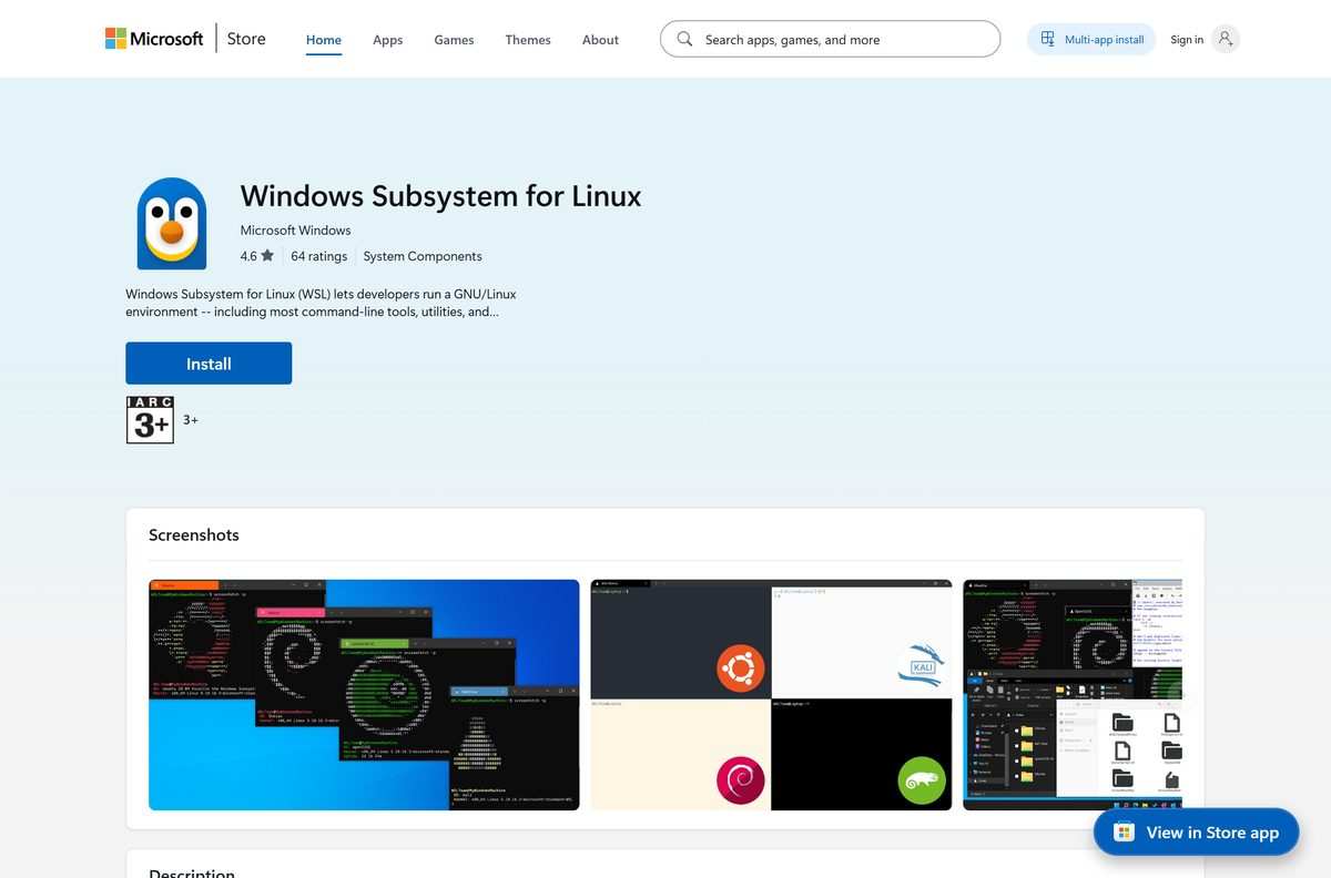 Microsoft Store listing with the publisher, category and Get button