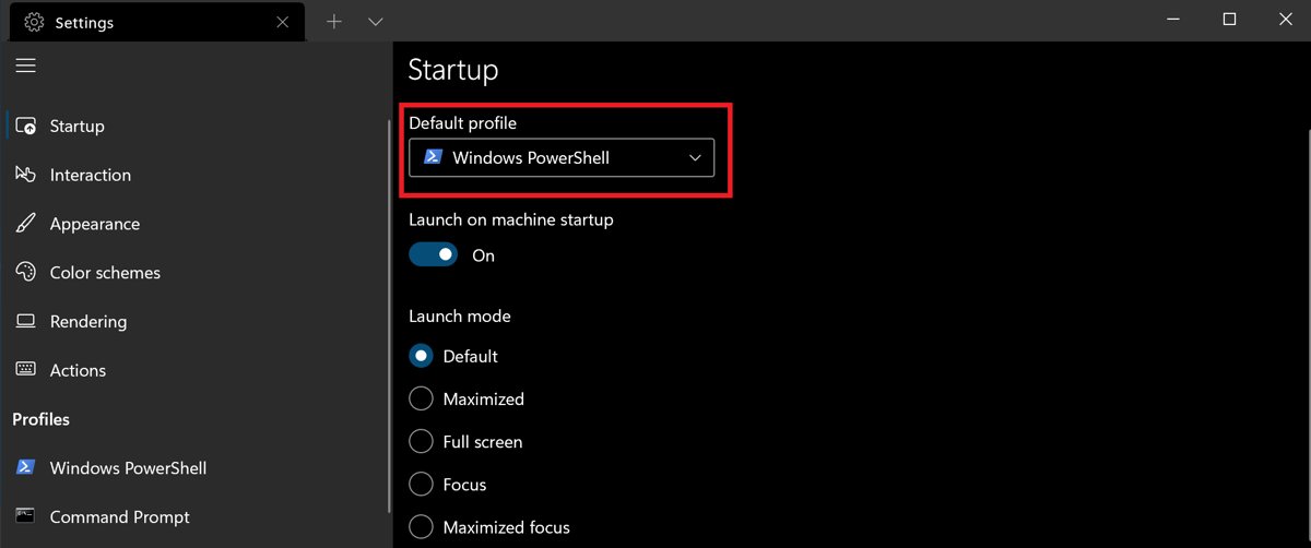 Windows Terminal Startup settings with Default profile set to PowerShell