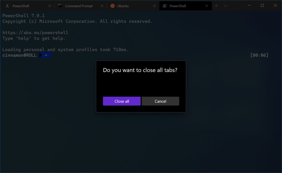 Windows Terminal confirmation dialog asking to close all four open tabs