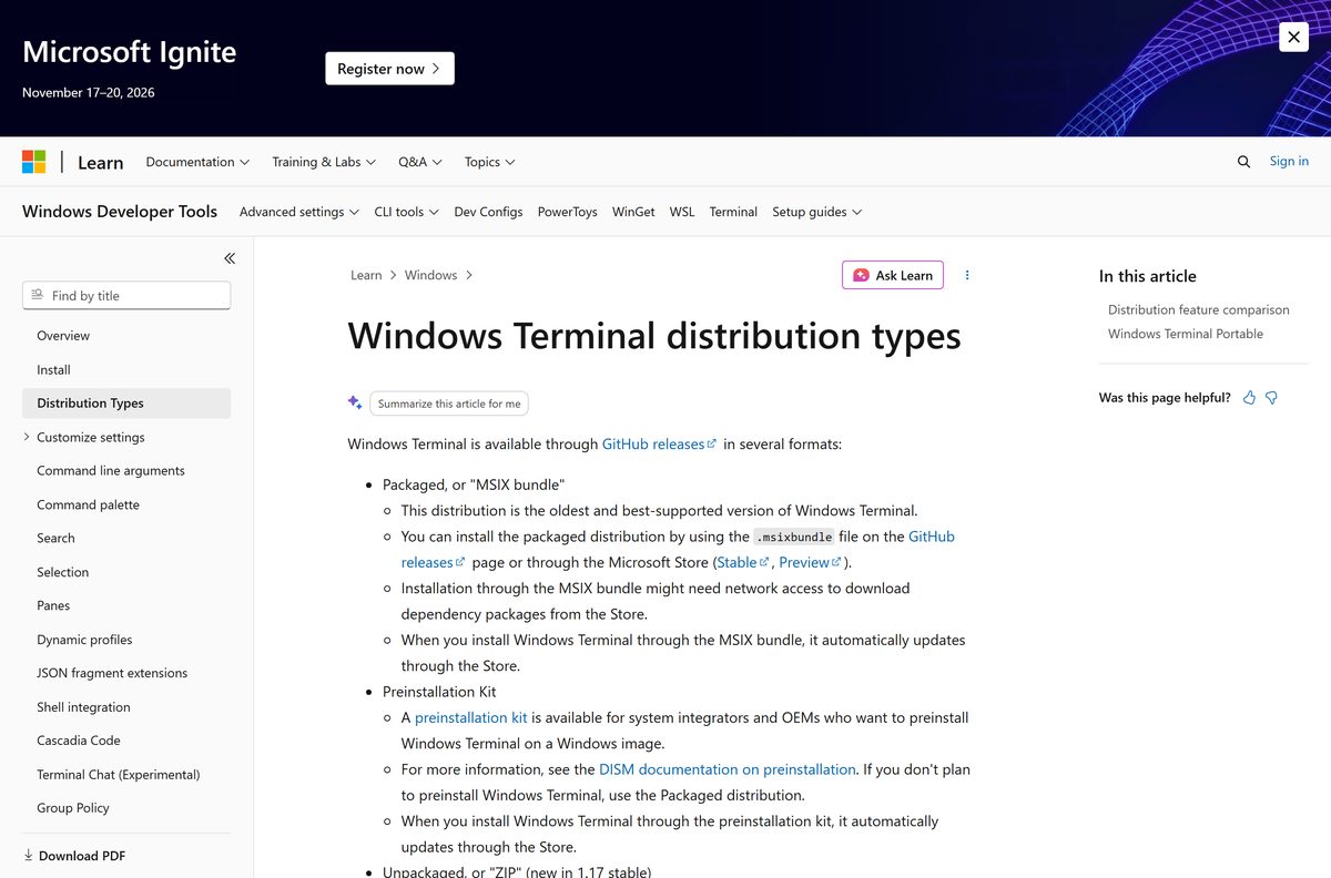 Comparison table of Windows Terminal distribution types on Microsoft Learn