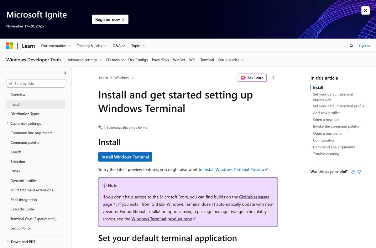 Microsoft Learn installation page for Windows Terminal
