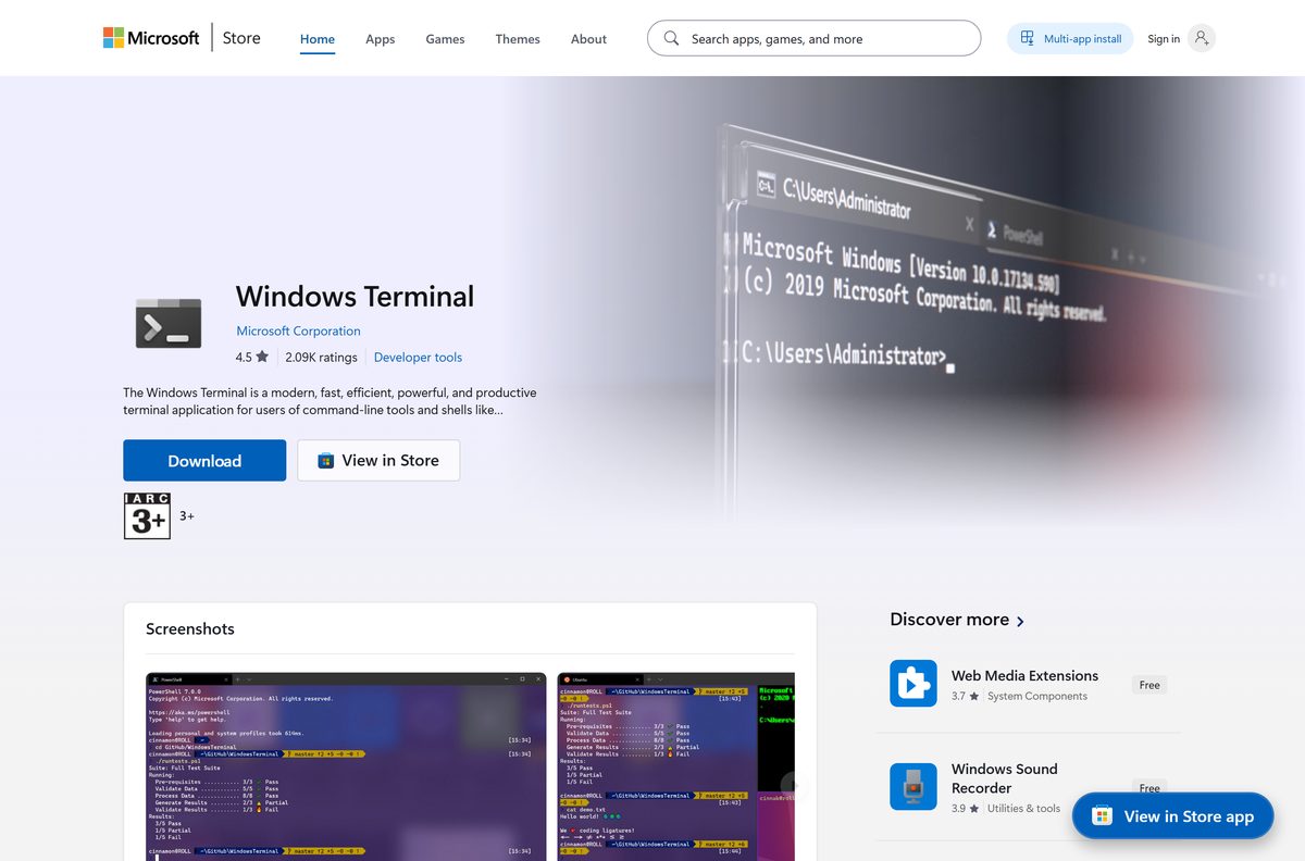 Microsoft Store listing for Windows Terminal with publisher and category