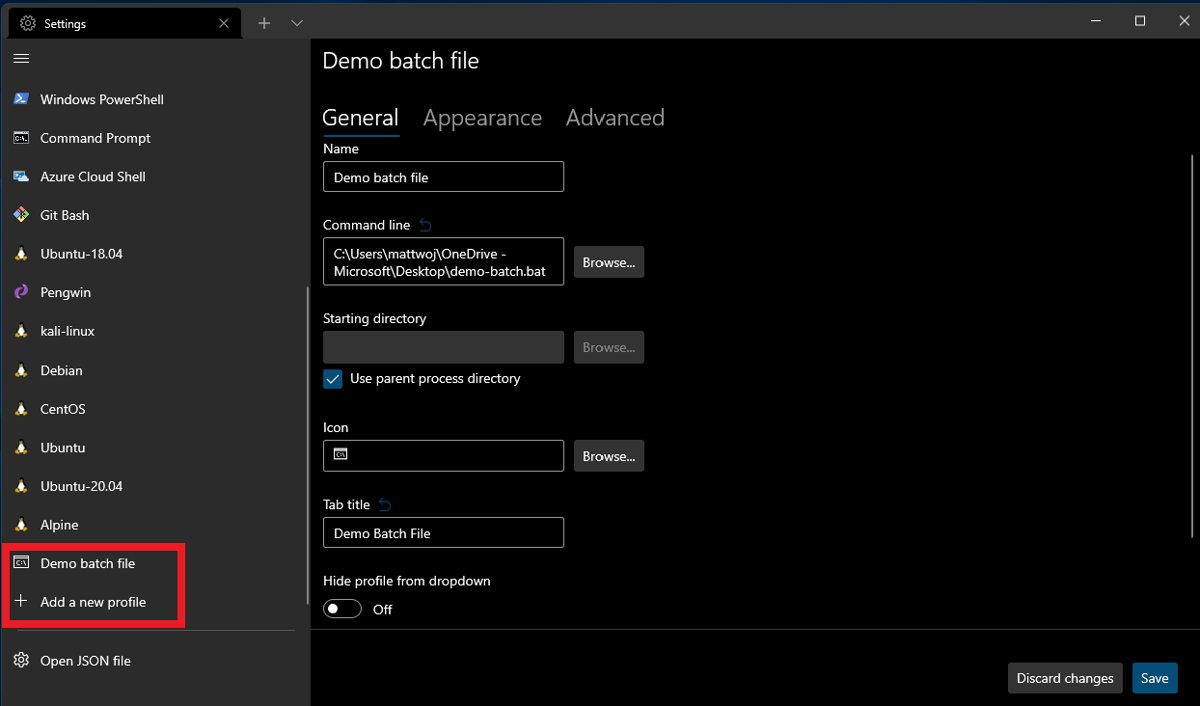 Windows Terminal profile settings with a batch file set as the command line