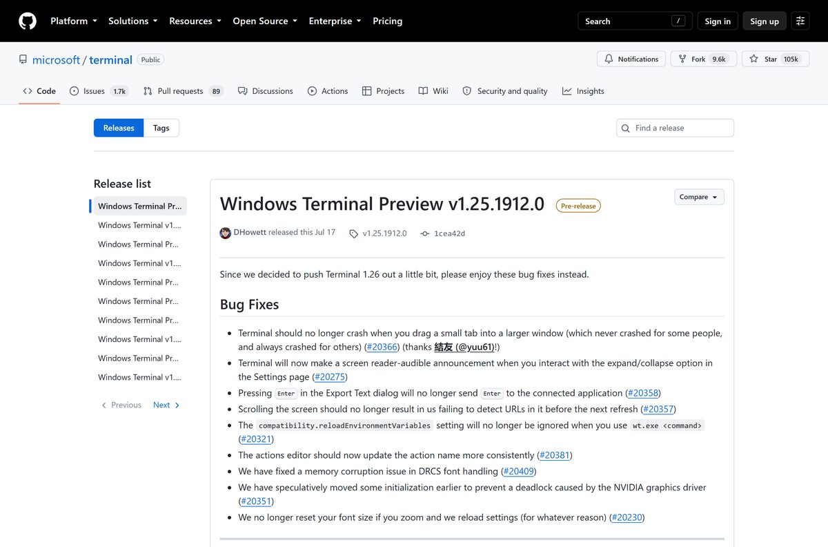 GitHub releases page listing assets for Windows Terminal version 1.24