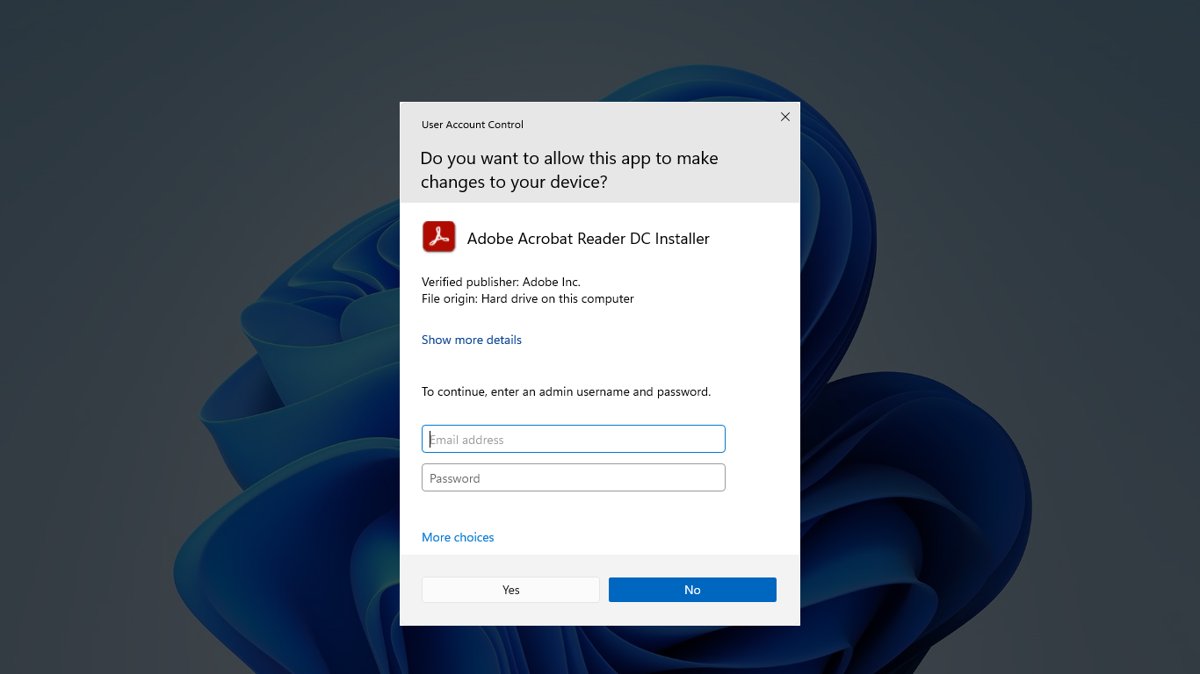 Windows UAC prompt asking for an admin email and password
