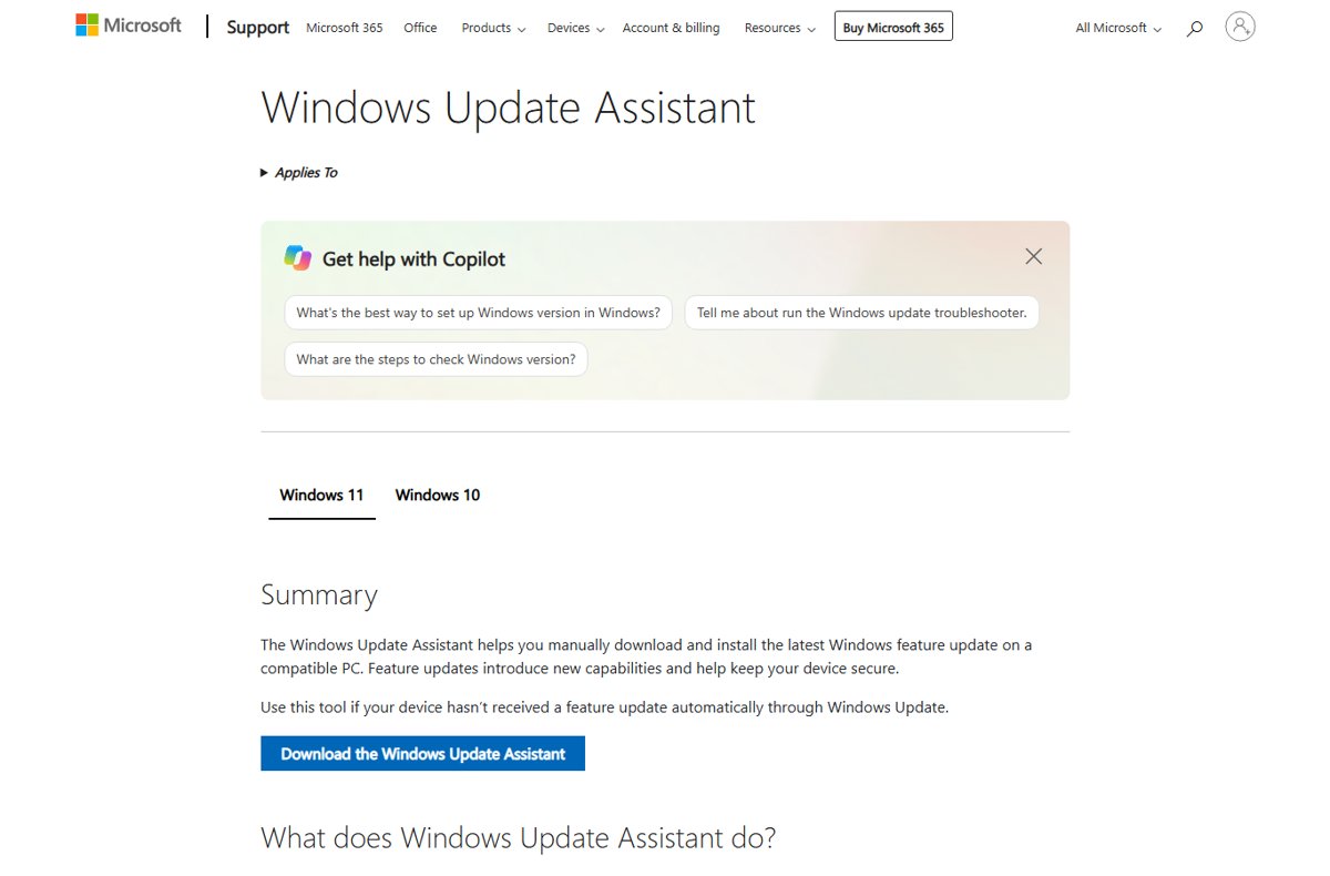 Windows Update Assistant support page with the download button
