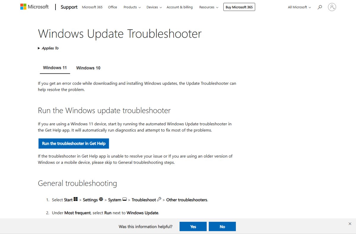 Windows Update Troubleshooter support page with Windows 11 and 10 tabs