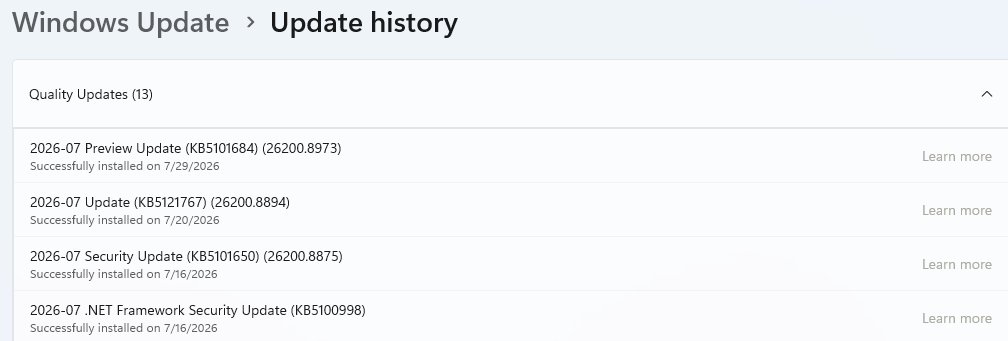 Windows Update history in Settings listing quality updates with build numbers in brackets