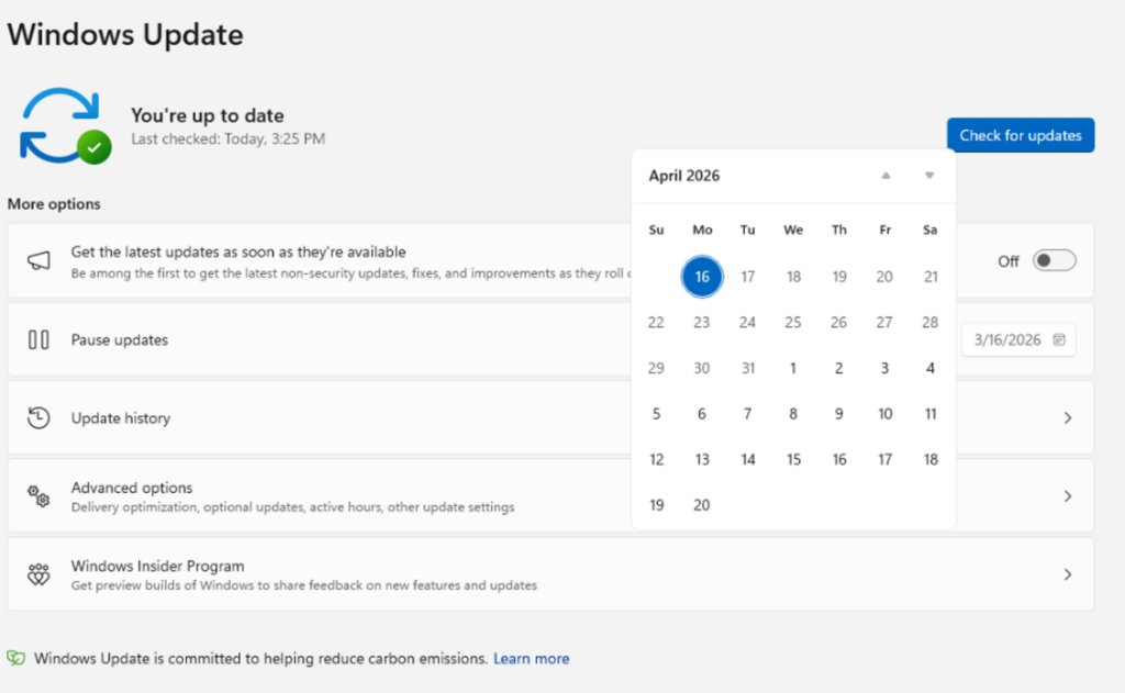Windows Update page showing the option to get the latest updates early