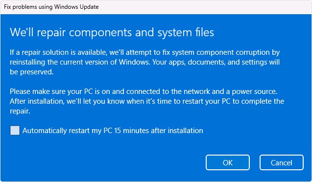 Windows Update repair dialog offering to reinstall the current version of Windows