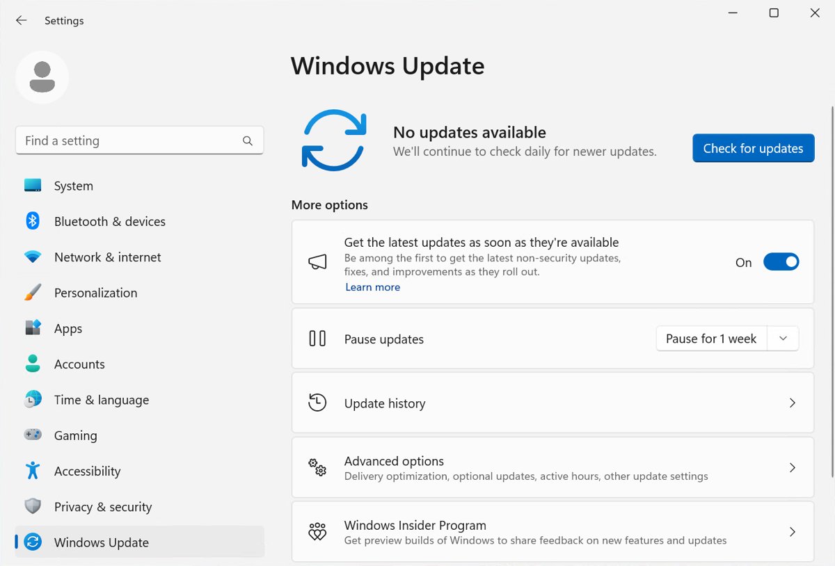 Windows Update settings page with the Pause updates dropdown set to one week
